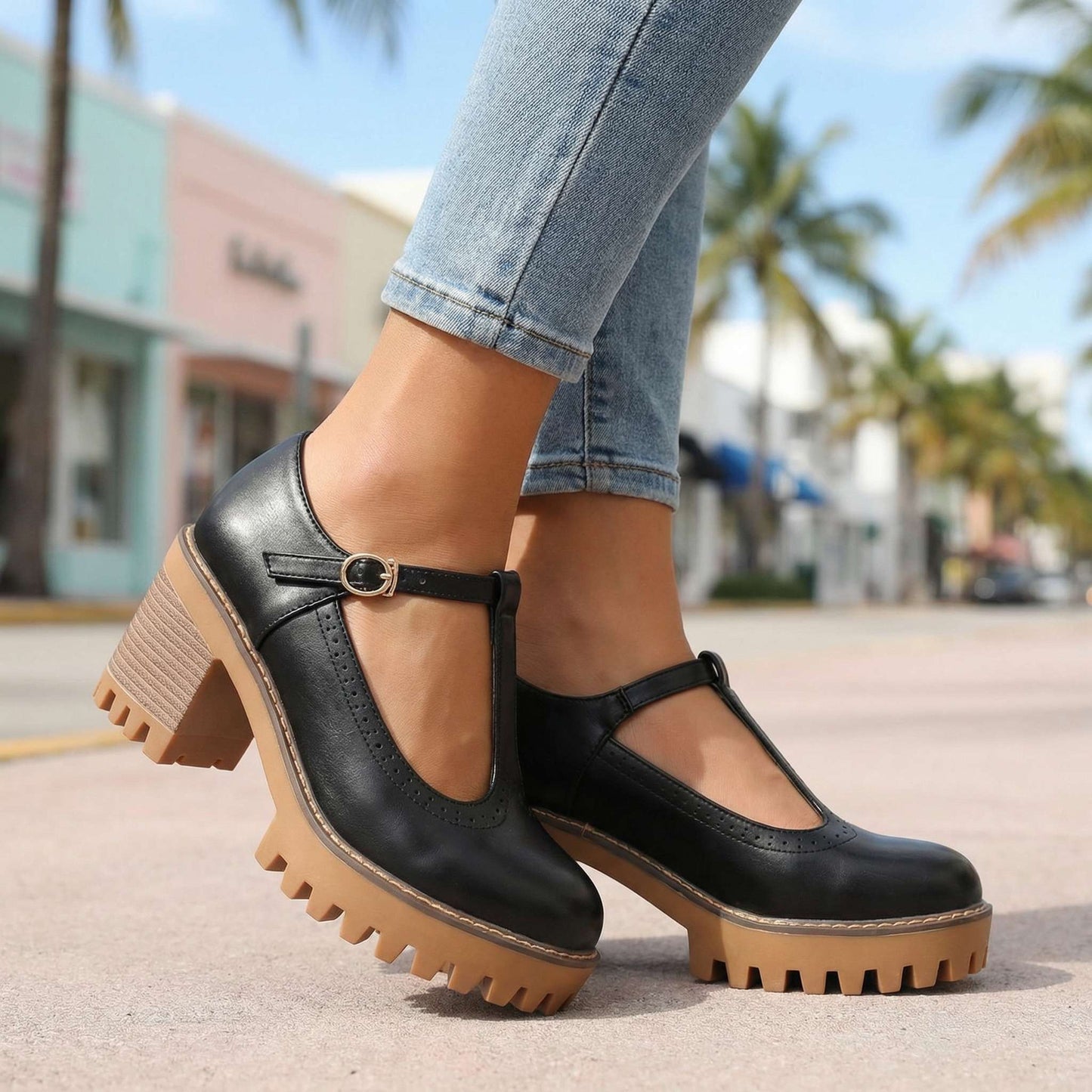 Women's Chunky T-Strap Mary Jane Heels Corvine