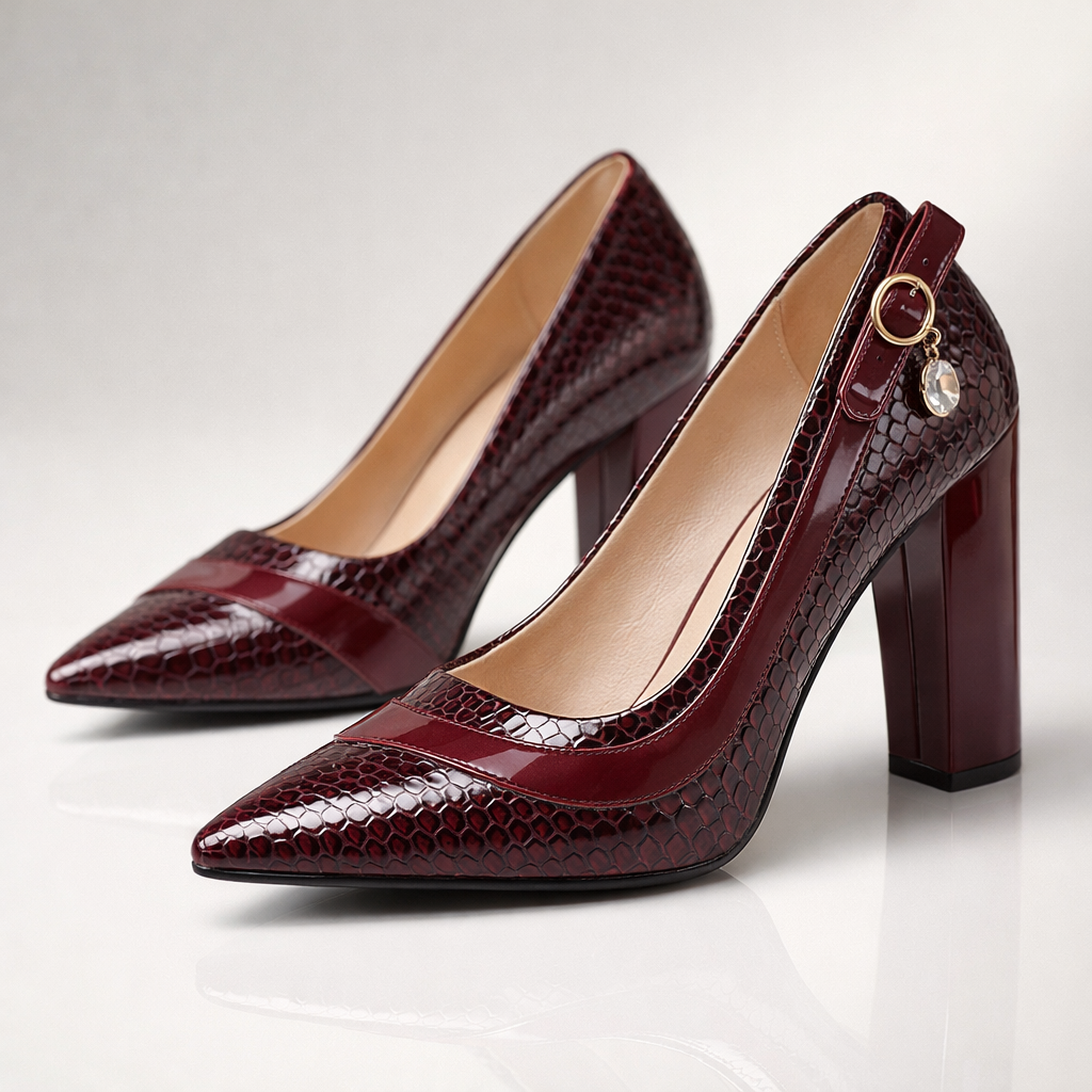 Women's Croc-Embossed Leather Block Heel Shoes Corvine