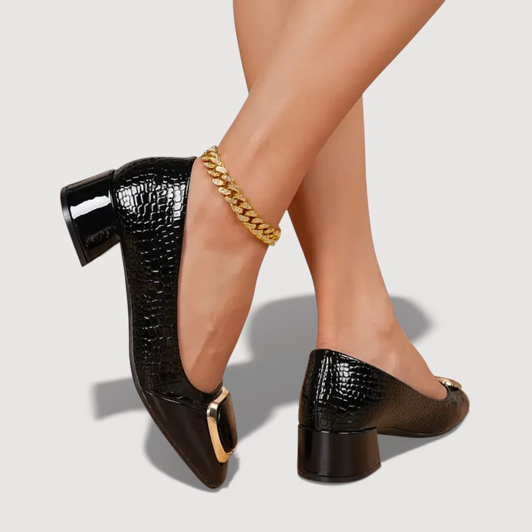 Women's Croc-Embossed Leather Block Heels Corvine