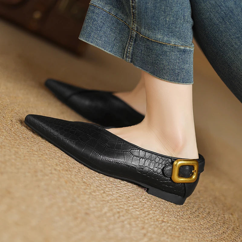 Women's Croc-Embossed Leather Pointed Toe Flats Corvine