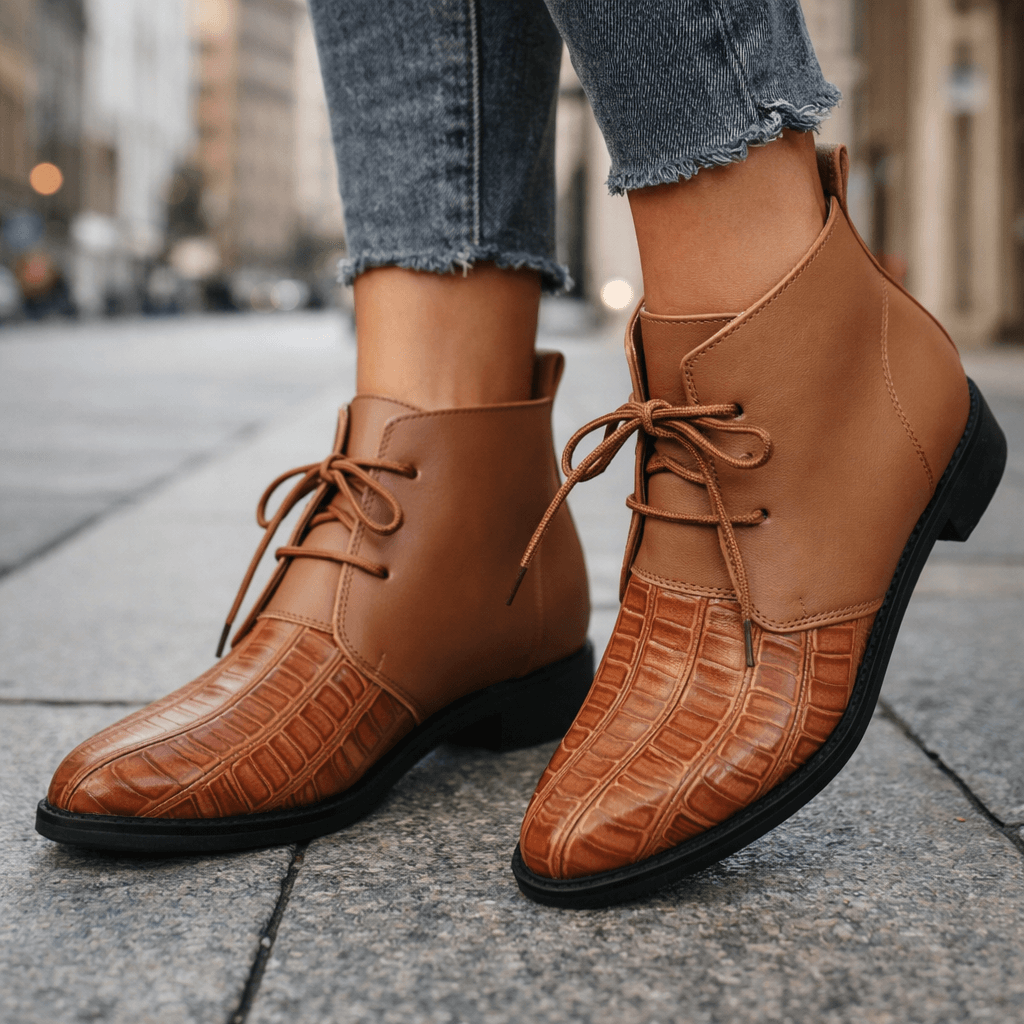 Women's Croc-Pattern Leather Black Ankle Boots Corvine