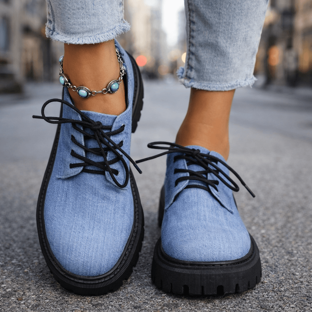 Women's Denim-Style Lace-Up Platforms | Comfortable Casual Chunky Sole Shoes