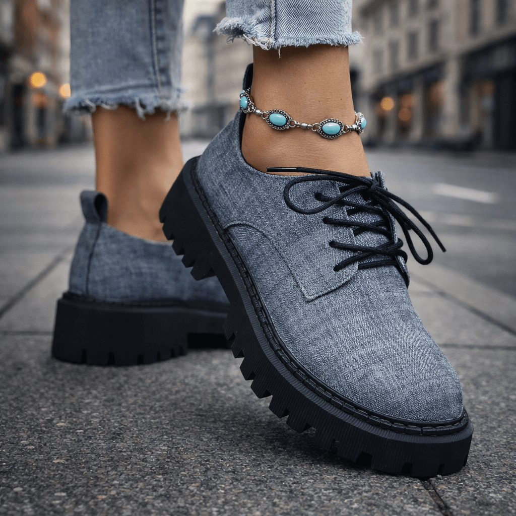 Women's Denim-Style Lace-Up Platforms | Comfortable Casual Chunky Sole Shoes