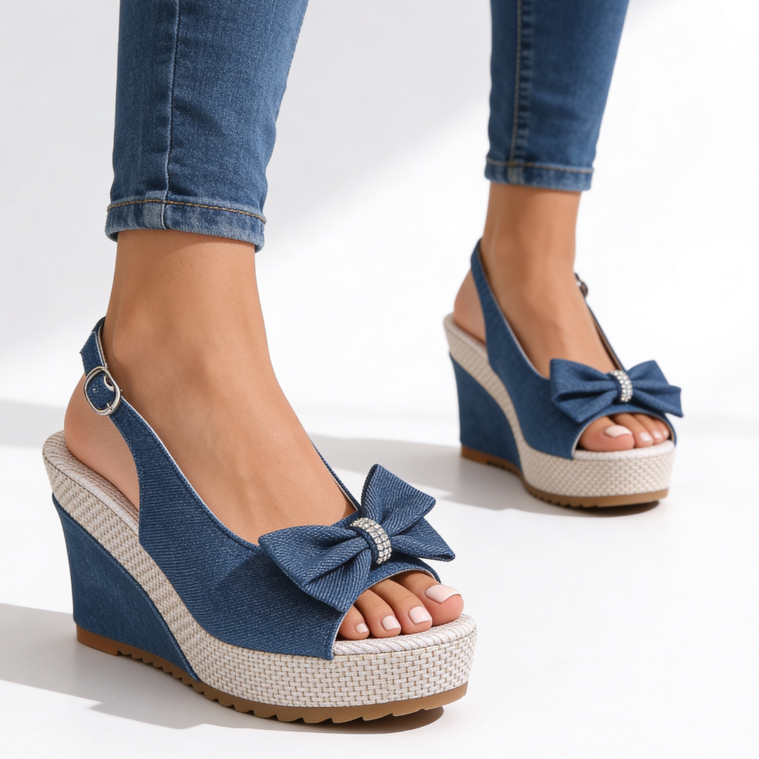 Women's Denim Wedge Heel Sandals With Crystal Bow Corvine