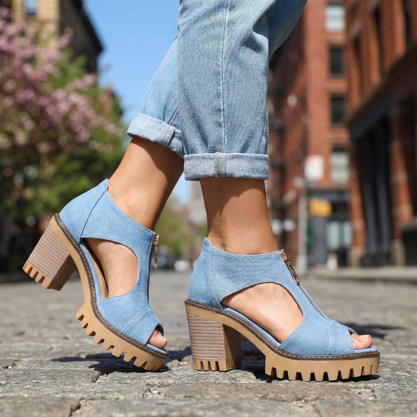 Women's Denim Zipper Block Heel Heels Corvine