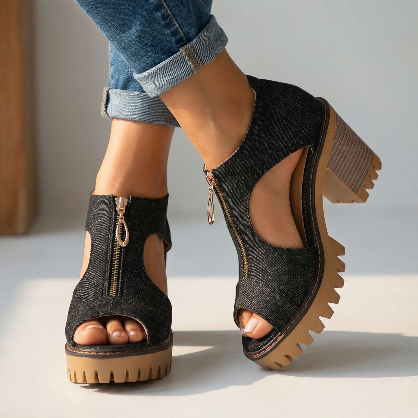Women's Denim Zipper Block Heel Heels Corvine