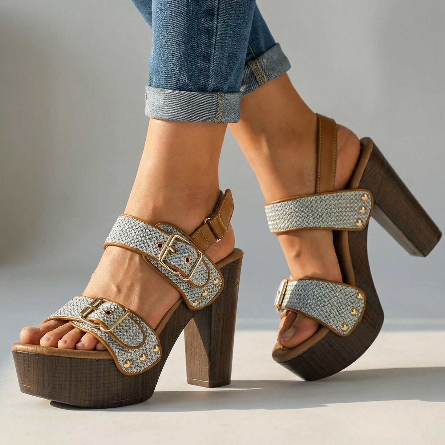 Women's Double Buckle Strap Block Heel Sandals Corvine