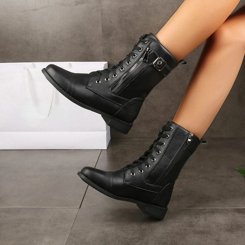 Women's Faux Leather Mid-Calf Black Boots With Buckle Detail Corvine