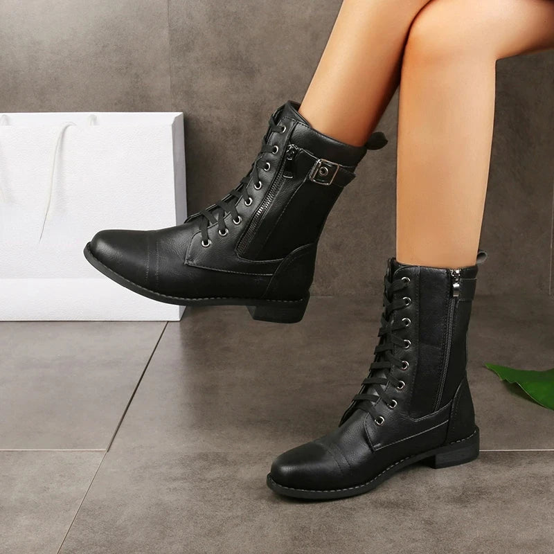 Women's Faux Leather Mid-Calf Black Boots With Buckle Detail Corvine