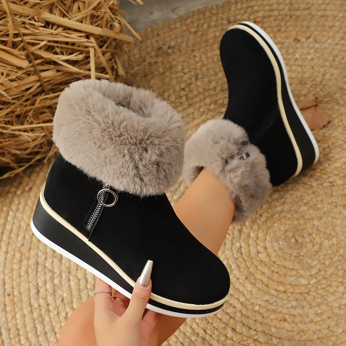 Women's Faux Suede Fur Cuff Wedge Ankle Boots Corvine