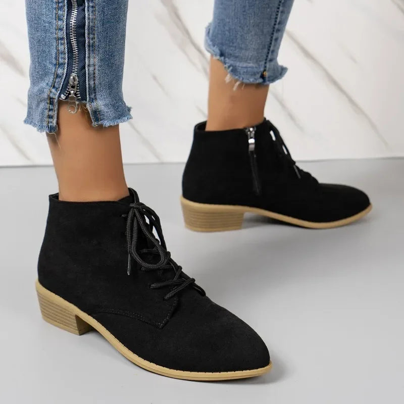 Women's Faux Suede Lace-Up Black Ankle Boots Corvine