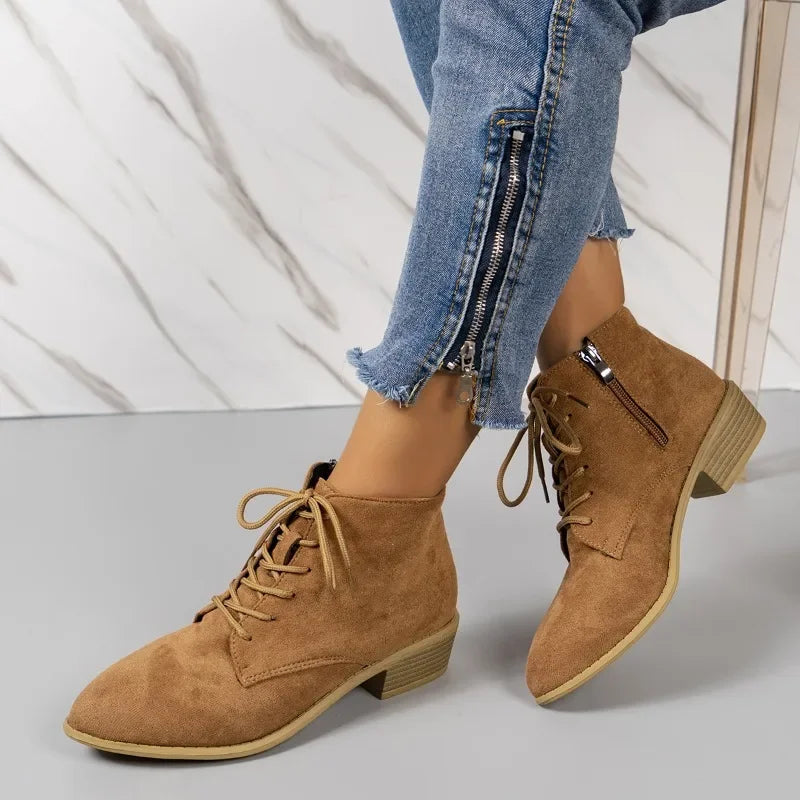 Women's Faux Suede Lace-Up Black Ankle Boots Corvine
