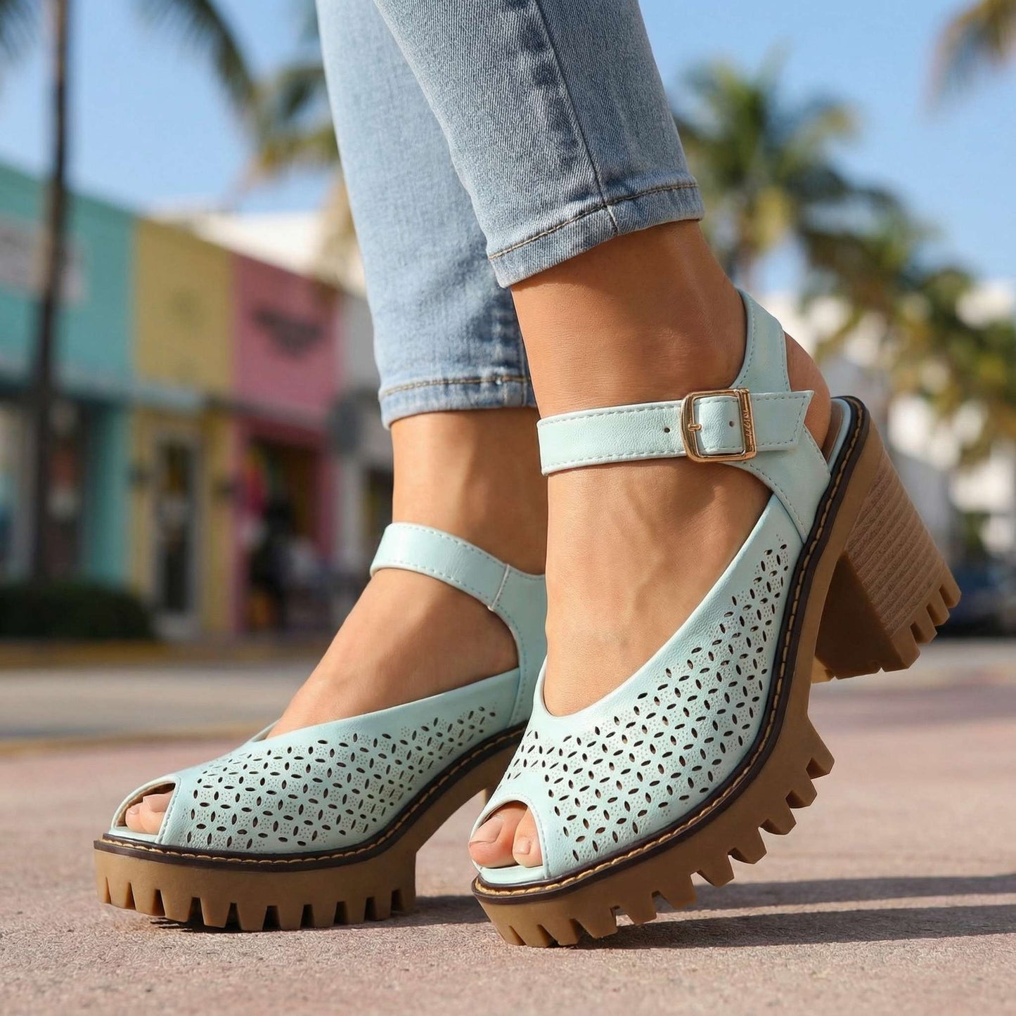 Women's Flower Cut Profile Chunky Sandal Heels Corvine