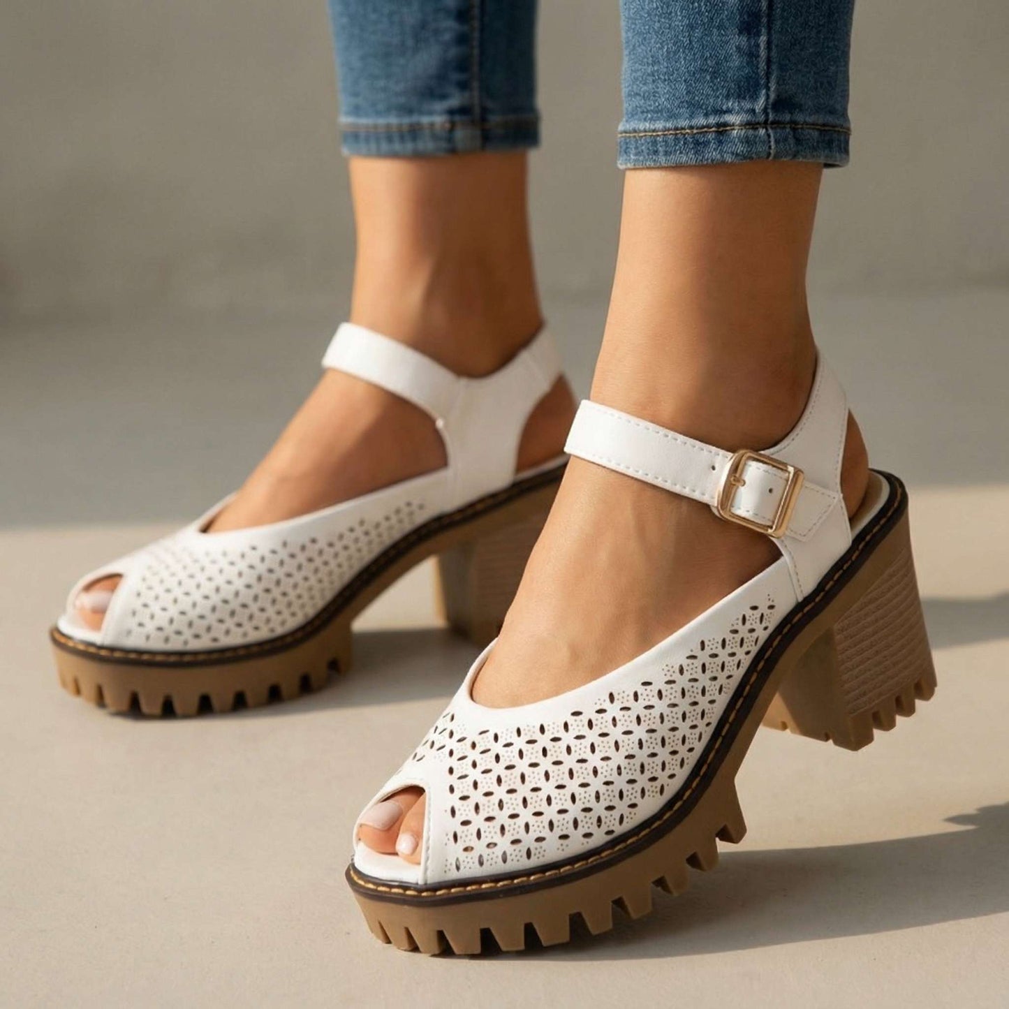 Women's Flower Cut Profile Chunky Sandal Heels Corvine