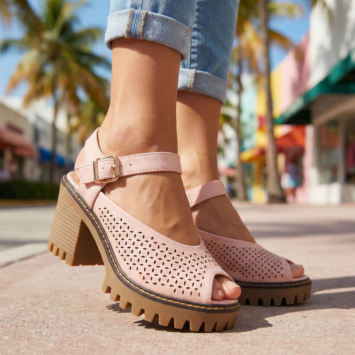 Women's Flower Cut Profile Chunky Sandal Heels Corvine