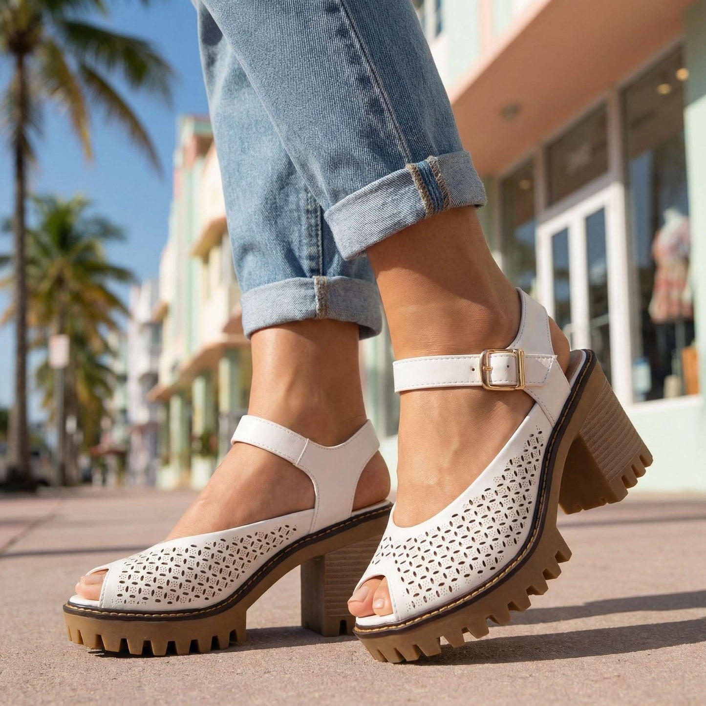 Women's Flower Cut Profile Chunky Sandal Heels Corvine