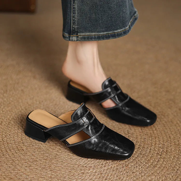 Women's Genuine Leather Cut-Out Mules Corvine