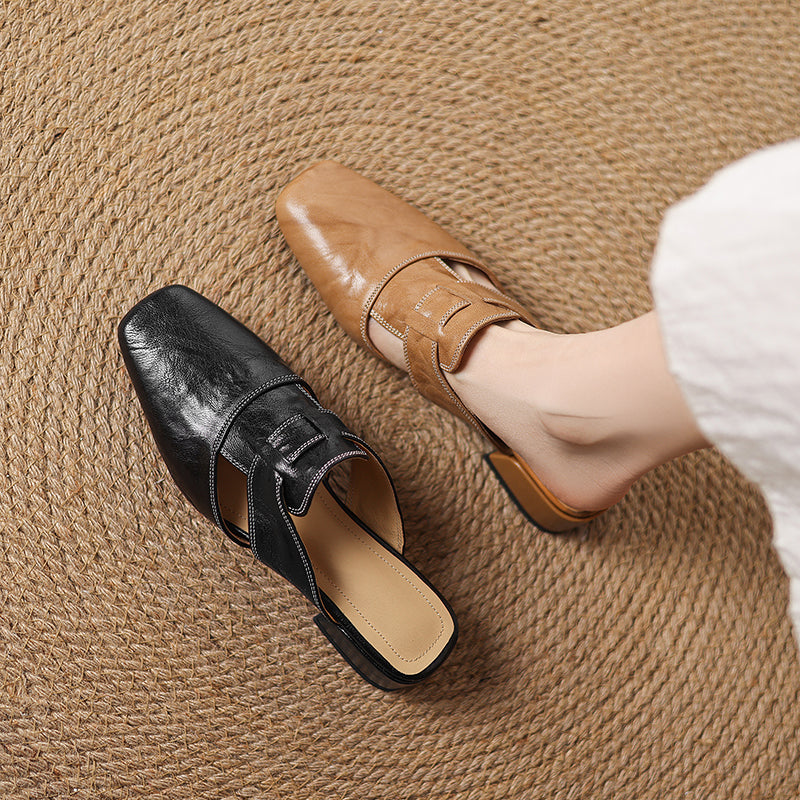 Women's Genuine Leather Cut-Out Mules Shoes Corvine