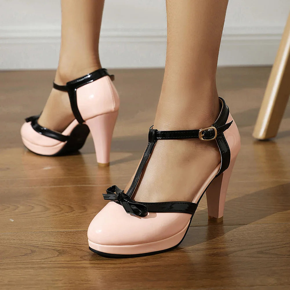 Women's Glossy Leather T-Strap Block Heel Heels Corvine