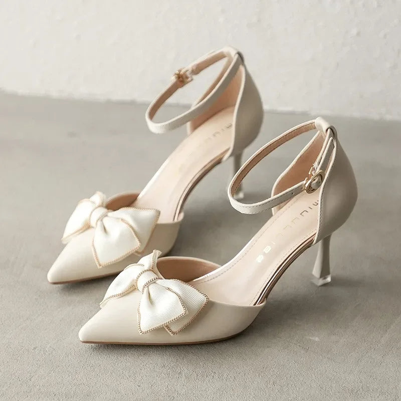 Women's Gold Satin Bow Pointed Toe Heels Corvine