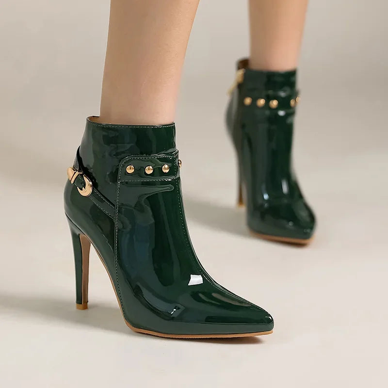 Women's High-Gloss Patent Leather Stiletto Ankle Boots Corvine