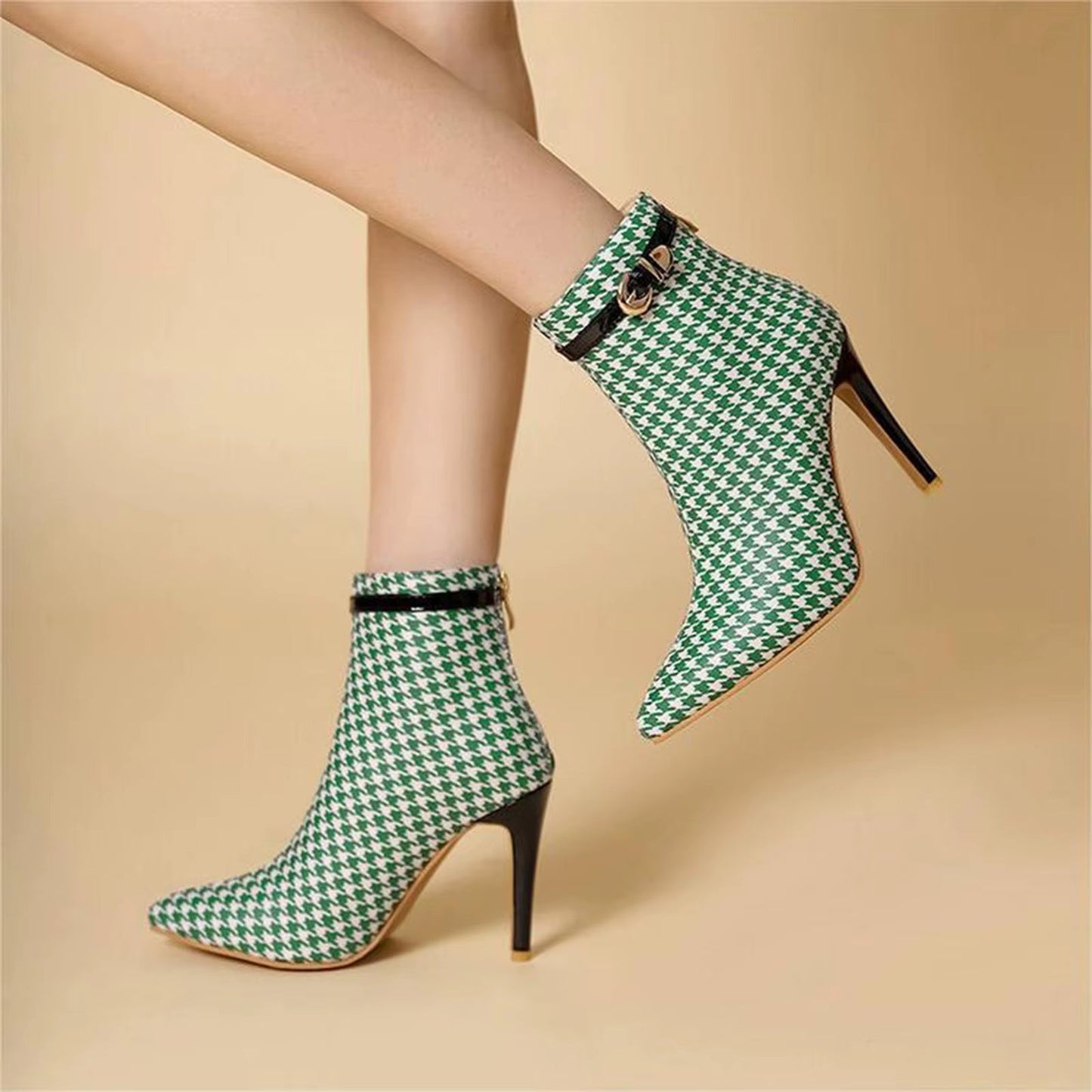 Women's Patent Leather Houndstooth Stiletto Ankle Boots Corvine