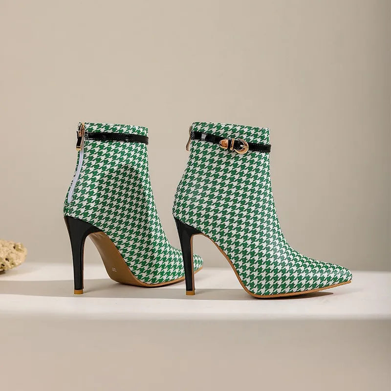 Women's Patent Leather Houndstooth Stiletto Ankle Boots Corvine