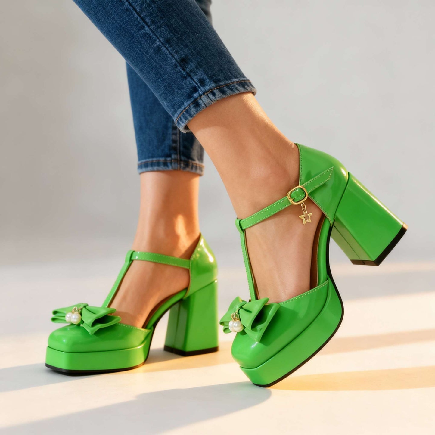Women's Patent T-Strap Bow Pearl Heels Corvine