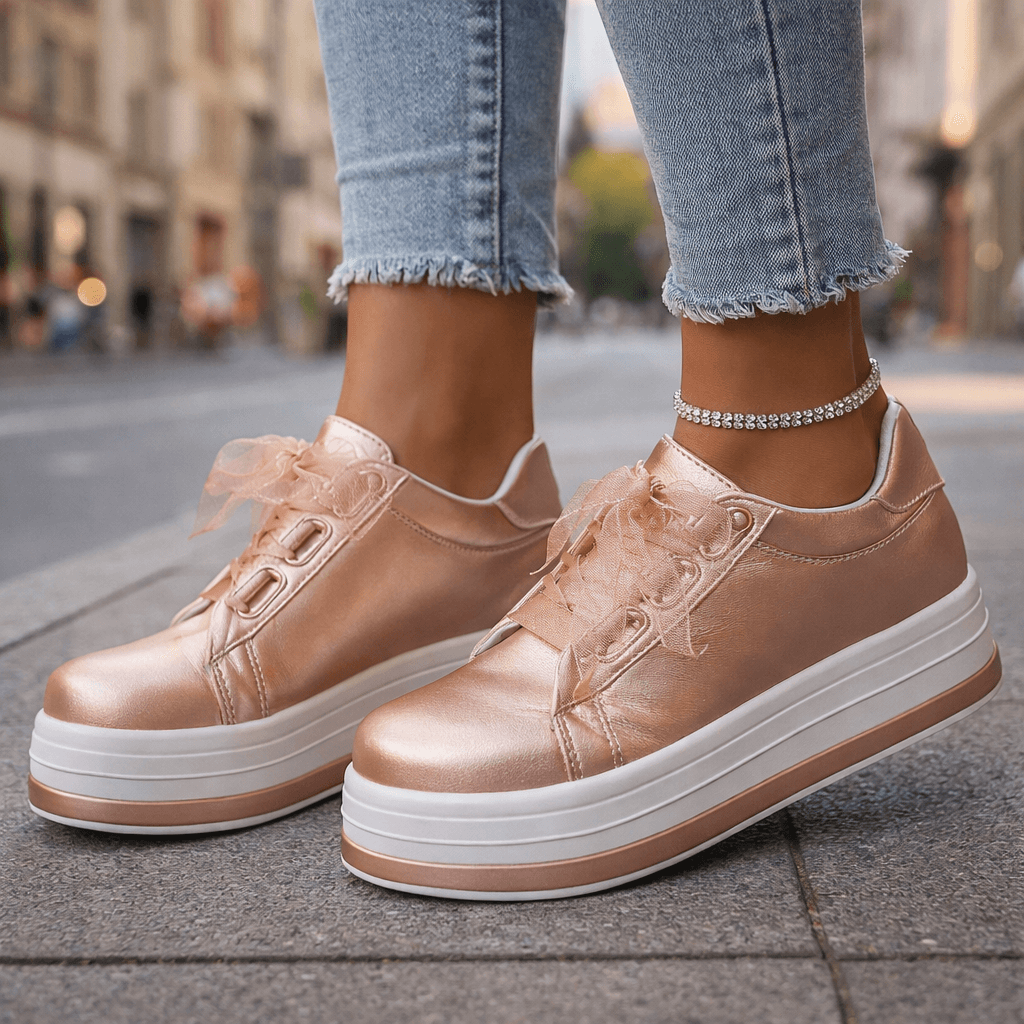 Women's Pearlescent Leather Platform Sneakers | Stylish Chunky Casual Shoes