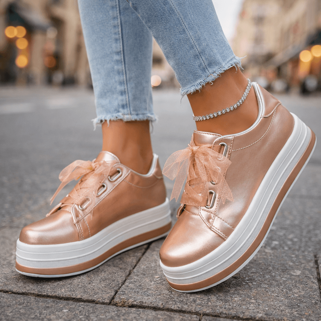 Women's Pearlescent Leather Platform Sneakers | Stylish Chunky Casual Shoes