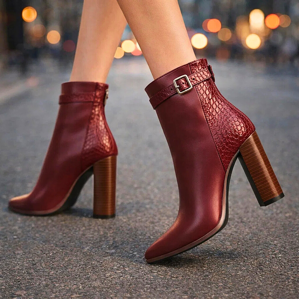 Women's Premium Leather Block Heel Boots Corvine