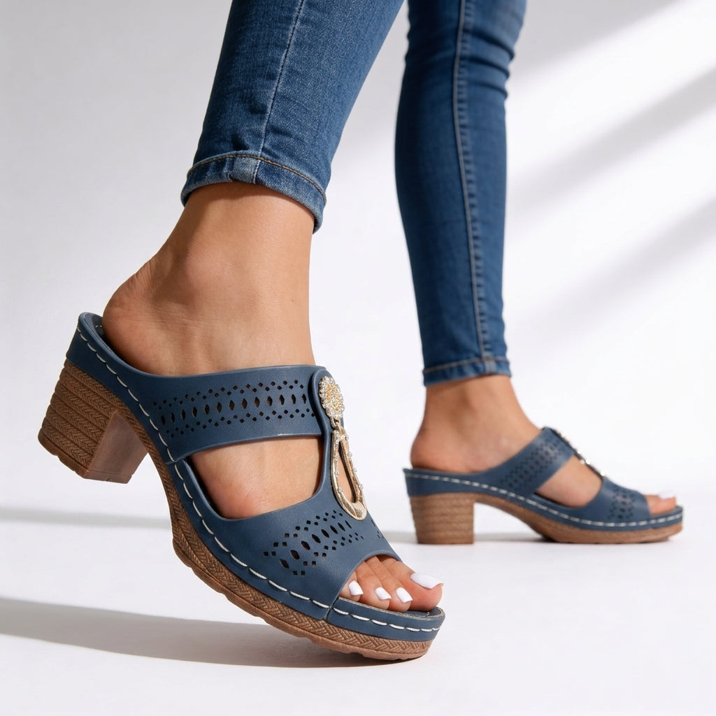 Women's Premium Leather Block Heel Sandals Corvine