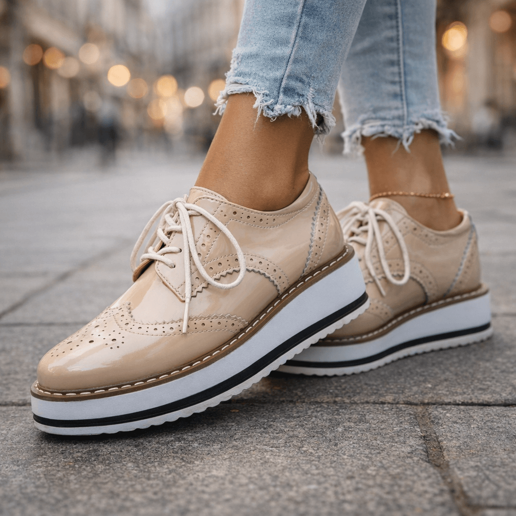 Women's Premium Leather Platform Shoes | Stylish Chunky Cushioned Brogue Footwear