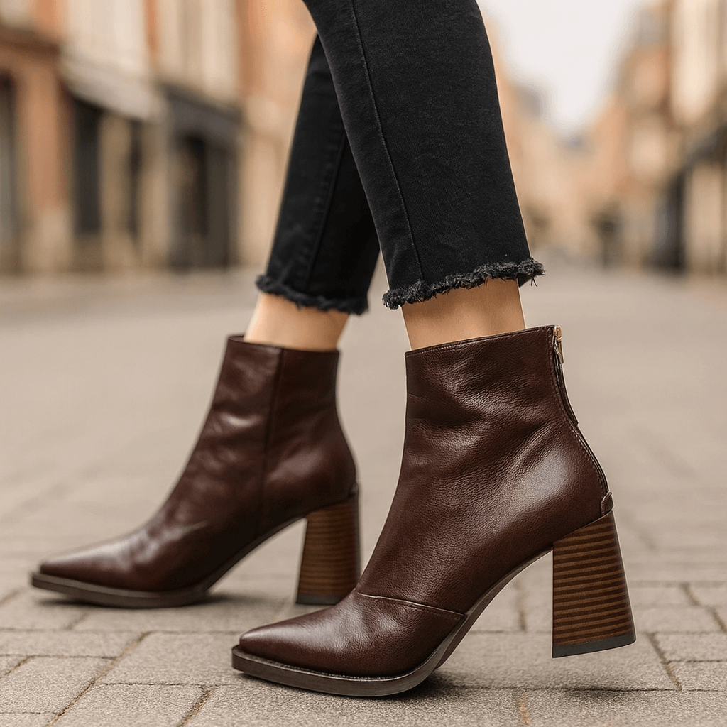 Women's Rich Leather Block Heel Black Boots Corvine