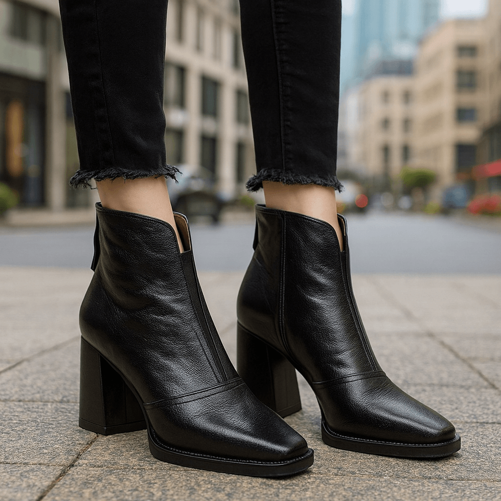 Women's Rich Leather Block Heel Black Boots Corvine