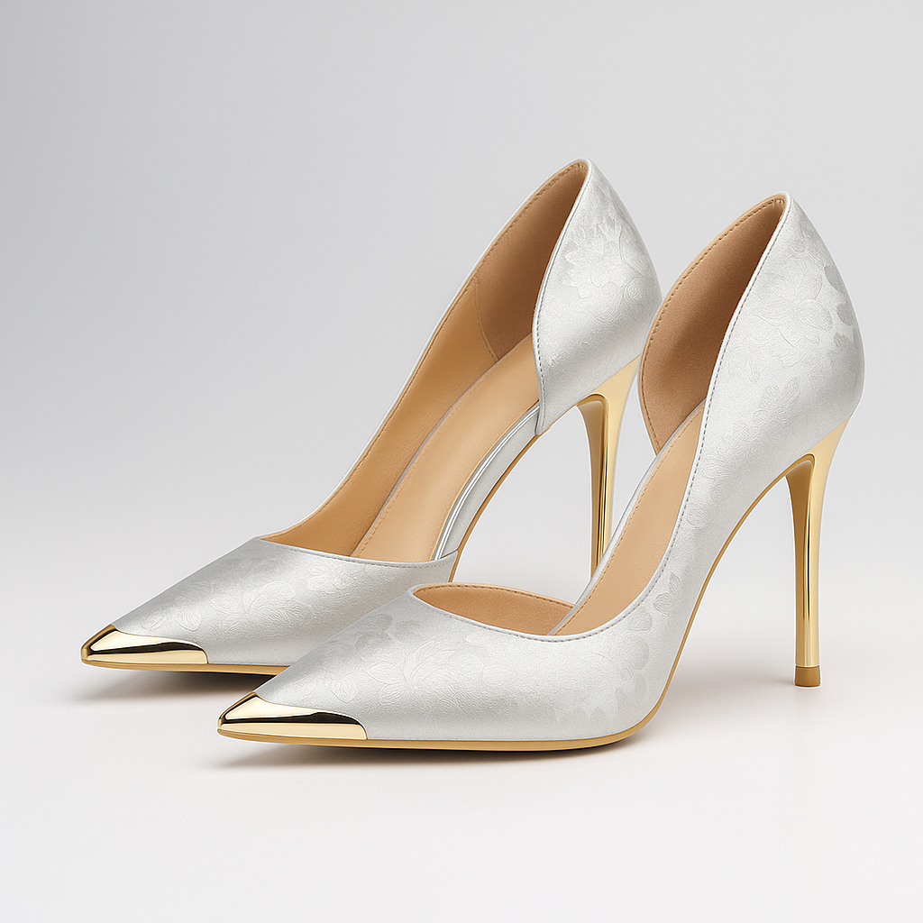 Women's Satin Jacquard Gold Stiletto Heels Corvine