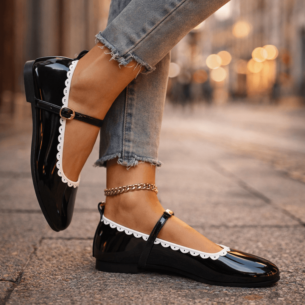 Women's Shiny Patent Leather Ankle-Strap Flats Corvine