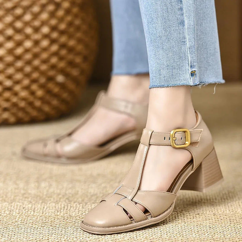 Women's Smooth Faux Leather T-Strap Heels Corvine
