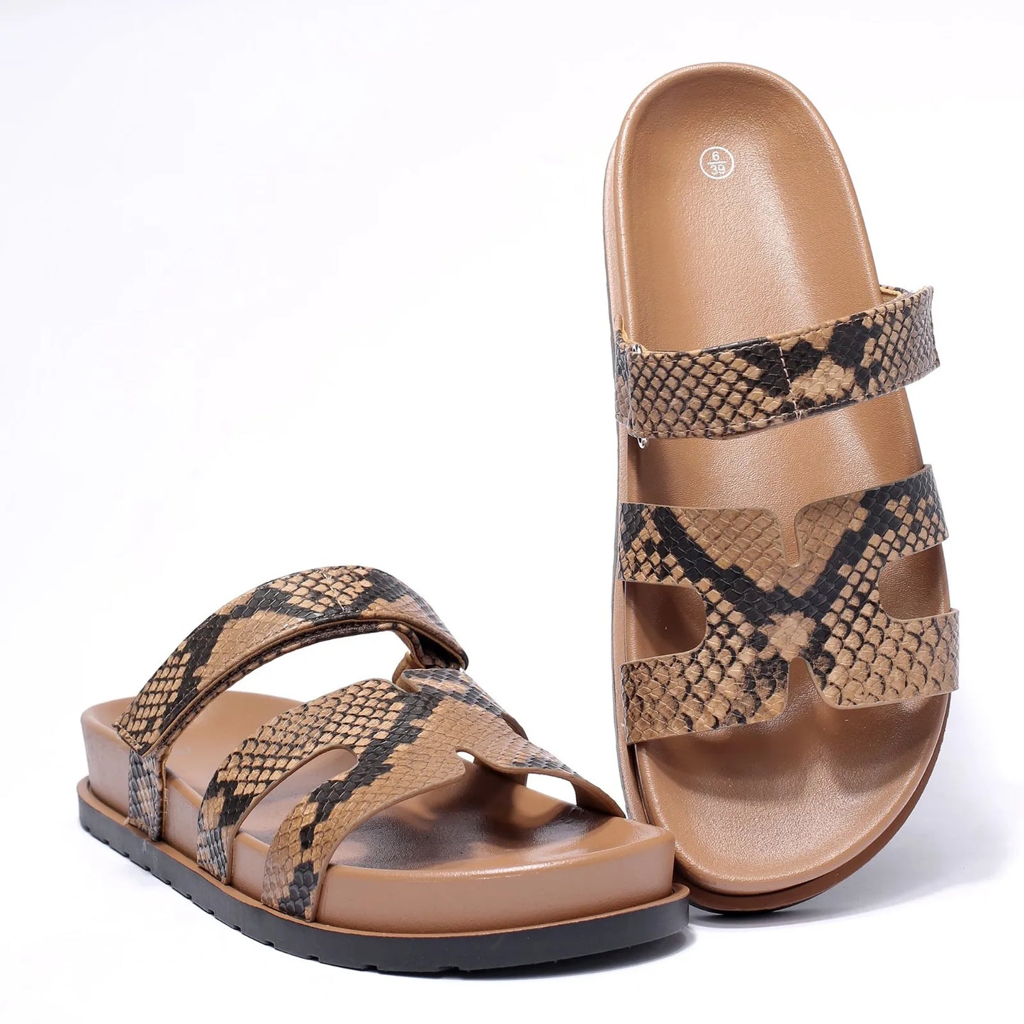 Women's Snake Print Flat Footbed Slide Sandals Corvine