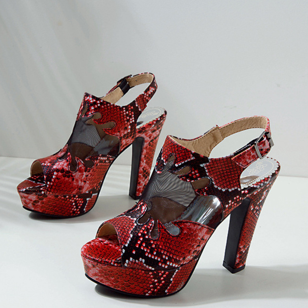 Women's Snakeskin Textured Black Platform Heels Corvine