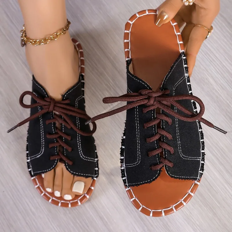 Women's Soft Denim Lace-Up Slide Sandals Corvine