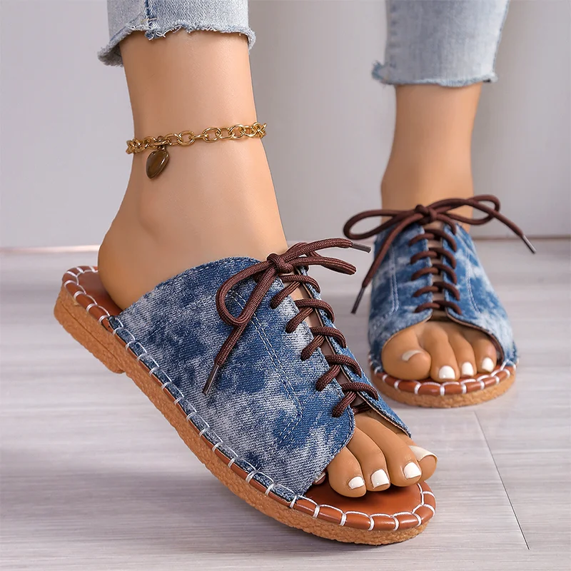 Women's Soft Denim Lace-Up Slide Sandals Corvine