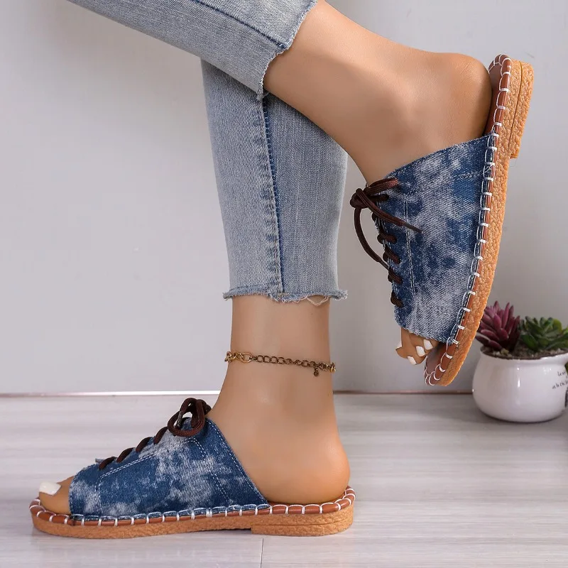 Women's Soft Denim Lace-Up Slide Sandals Corvine