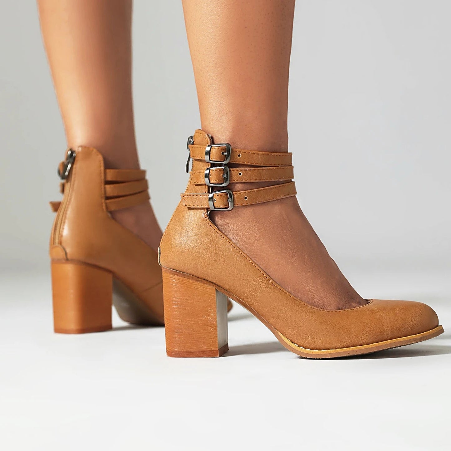 Women's Soft Leather Heels | Stylish Triple Buckle Ankle Strap Block Heels 5
