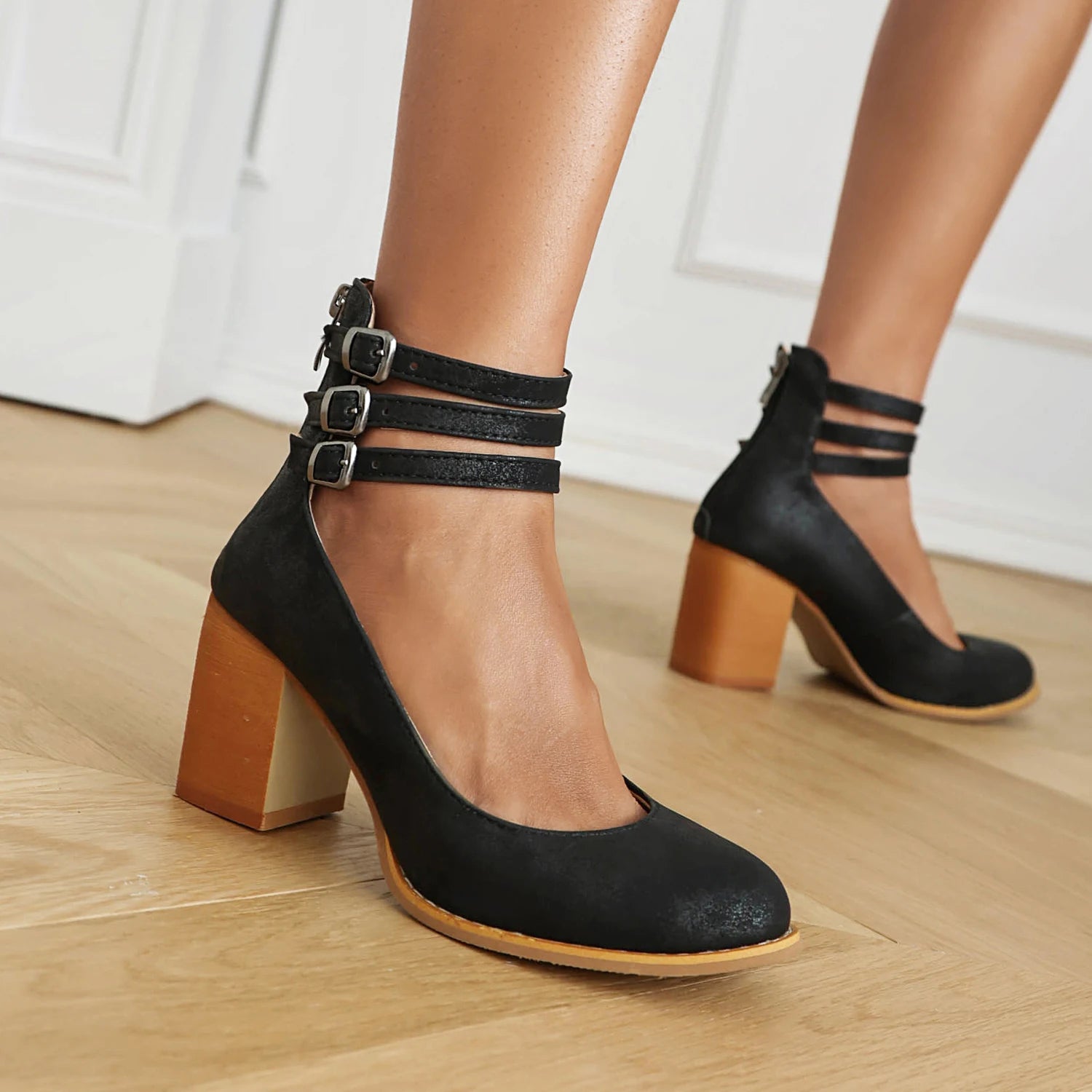 Women's Soft Leather Heels | Stylish Triple Buckle Ankle Strap Block Heels 7