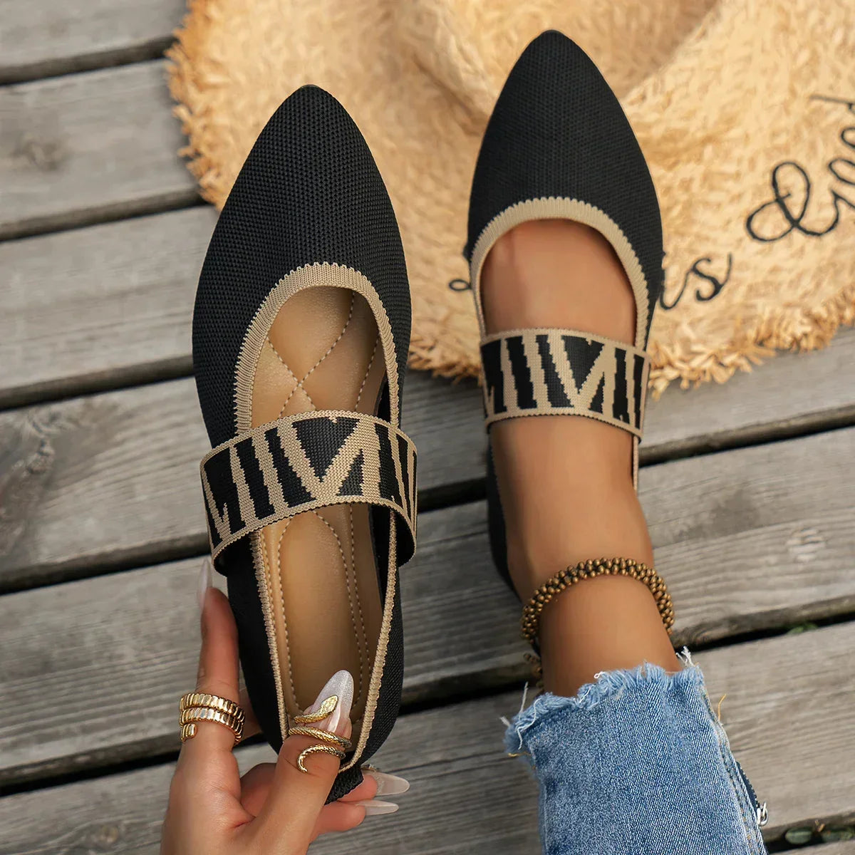 Women's Stretch-Knit Pointed Toe Black Flats Corvine