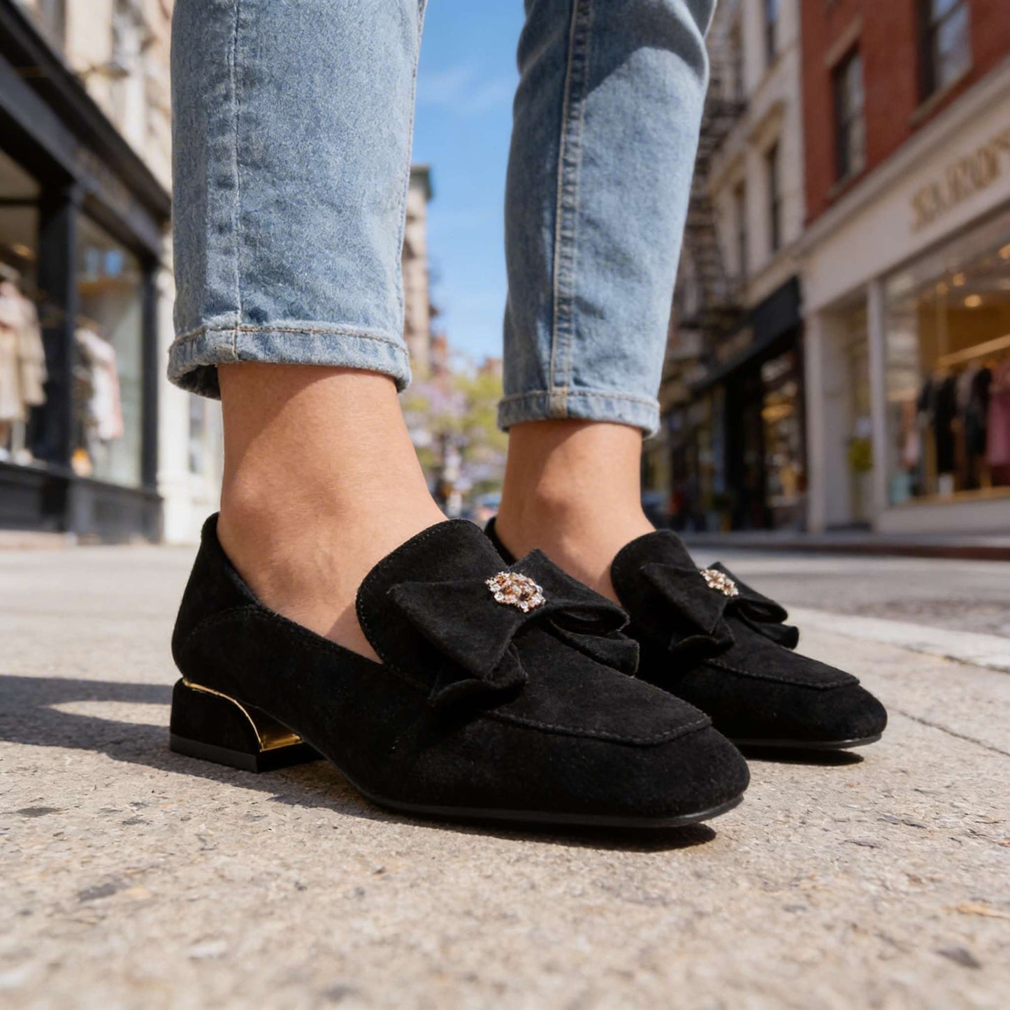Women's Suede Bow Detail Black Loafers Corvine