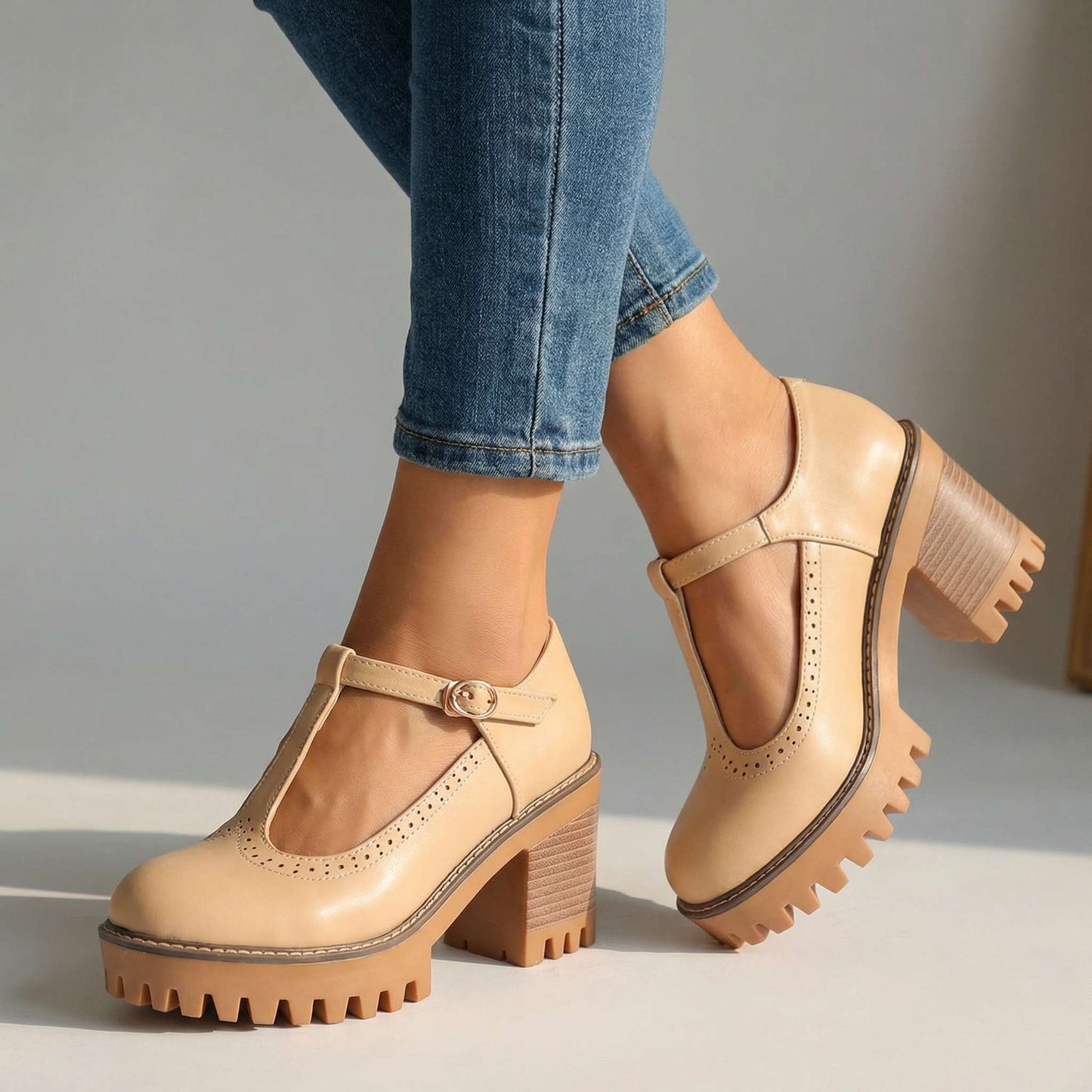 Women's Synthetic Chunky T-Strap Mary Jane Heels Corvine