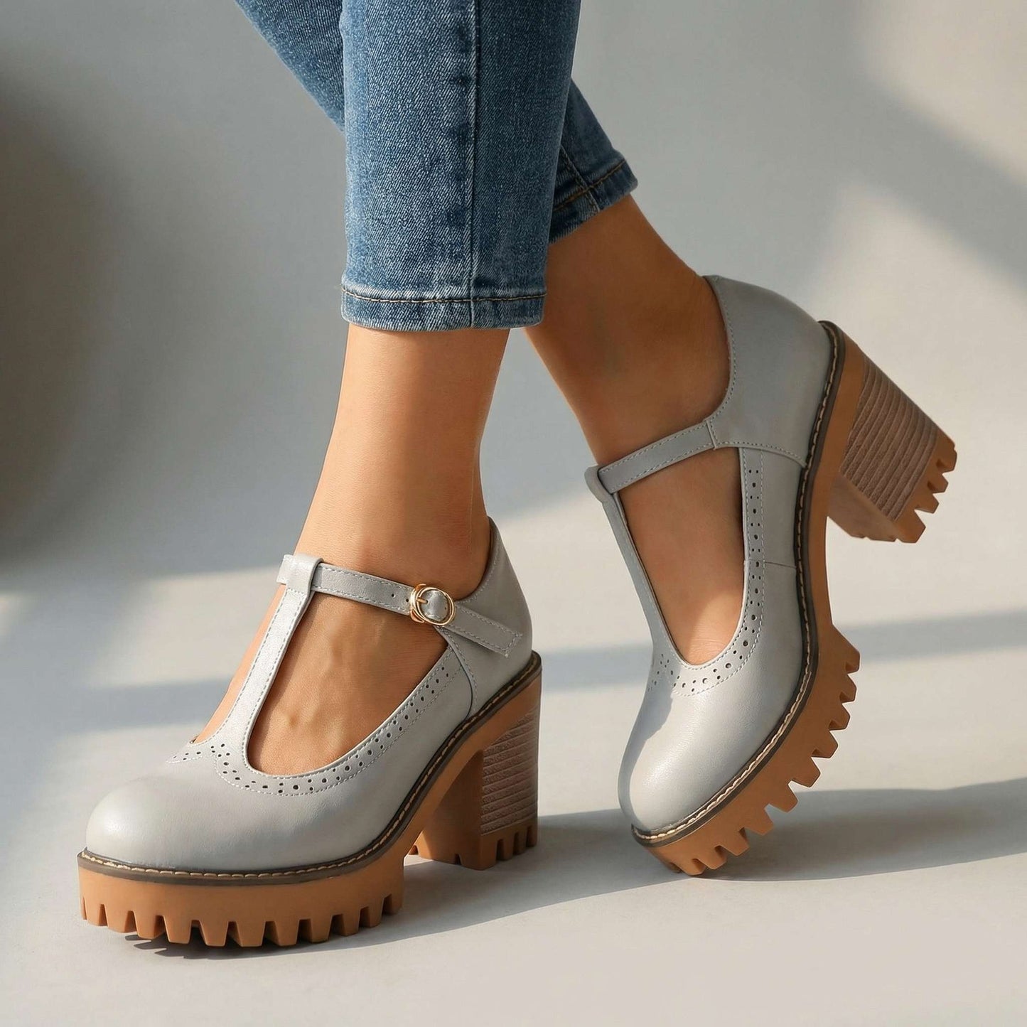 Women's Synthetic Chunky T-Strap Mary Jane Heels Corvine