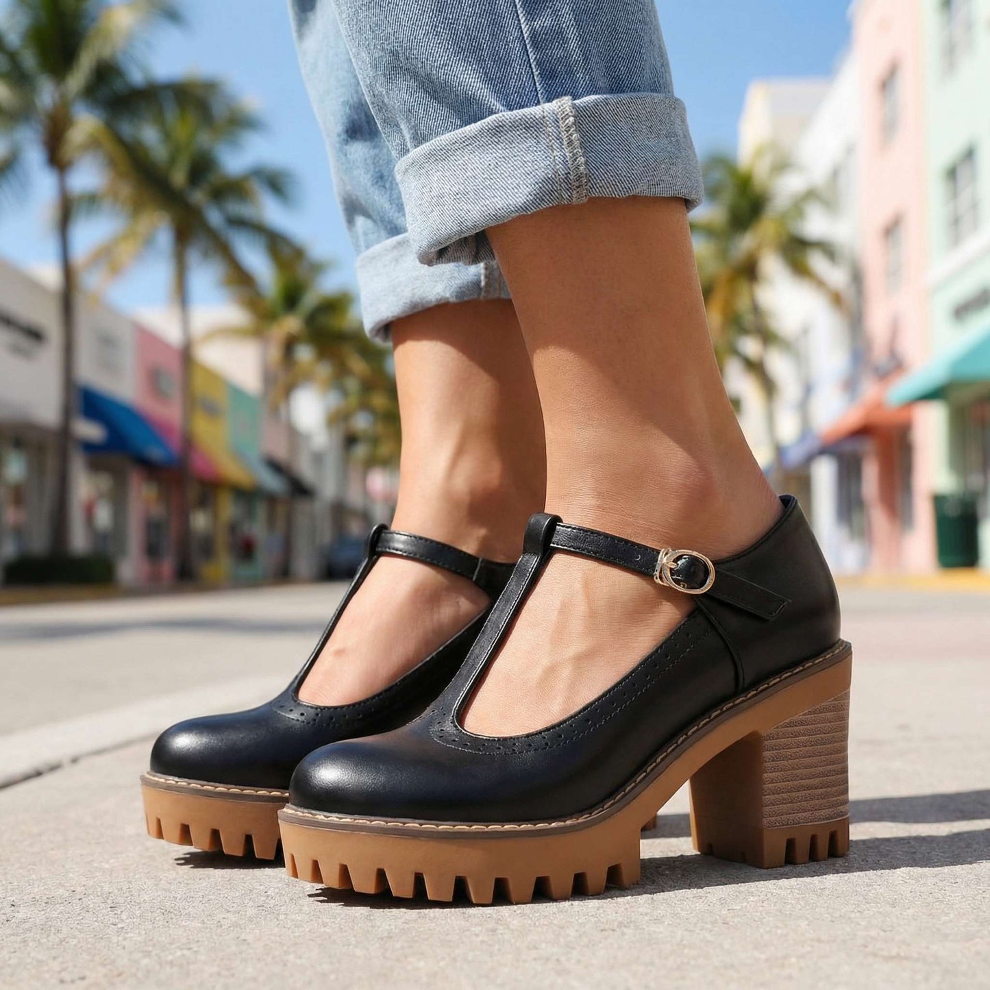 Women's Synthetic Chunky T-Strap Mary Jane Heels Corvine